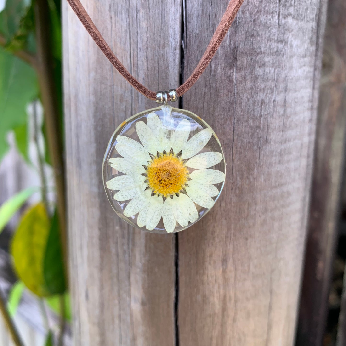 Pressed daisy flower on a necklace.