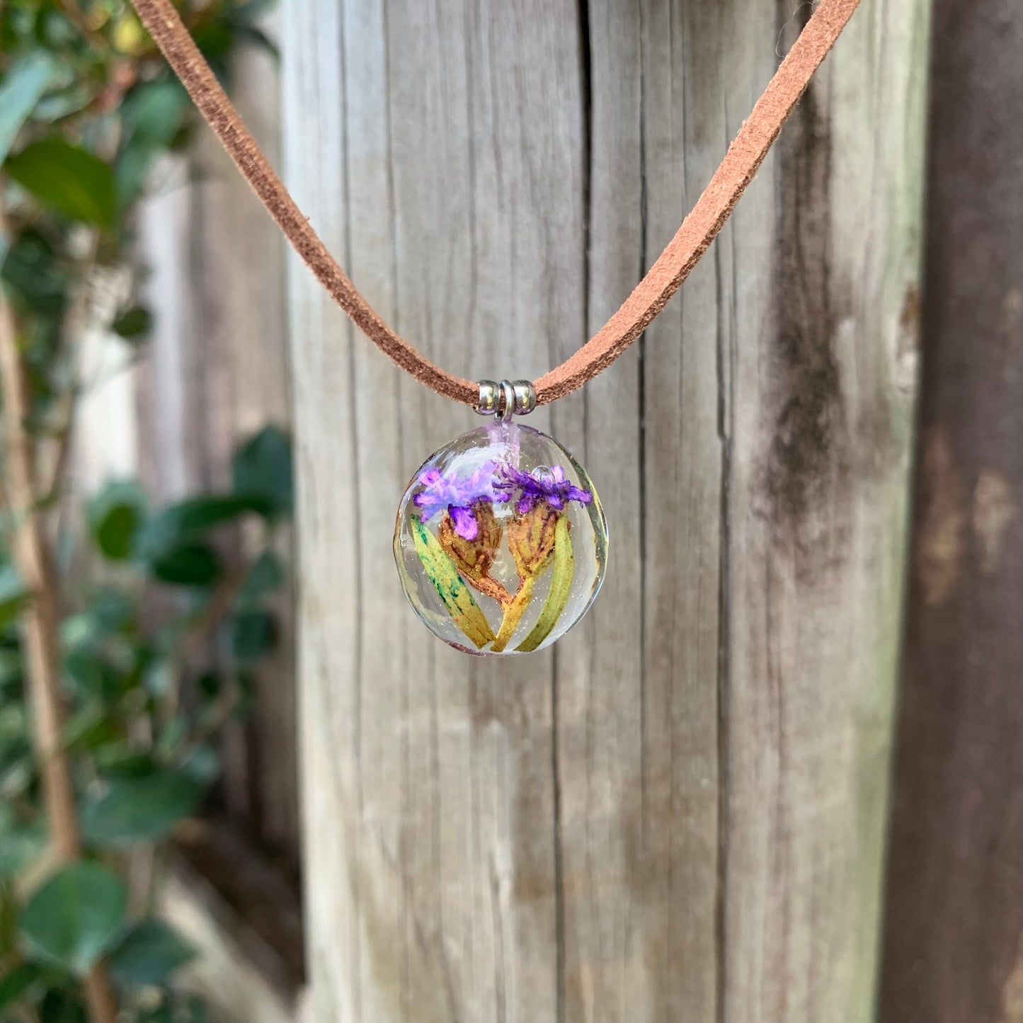 Purple flower resin necklace, purple resin necklace, botanical jewellery