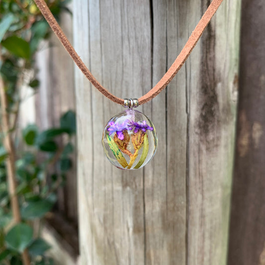 Purple flower resin necklace, purple resin necklace, botanical jewellery