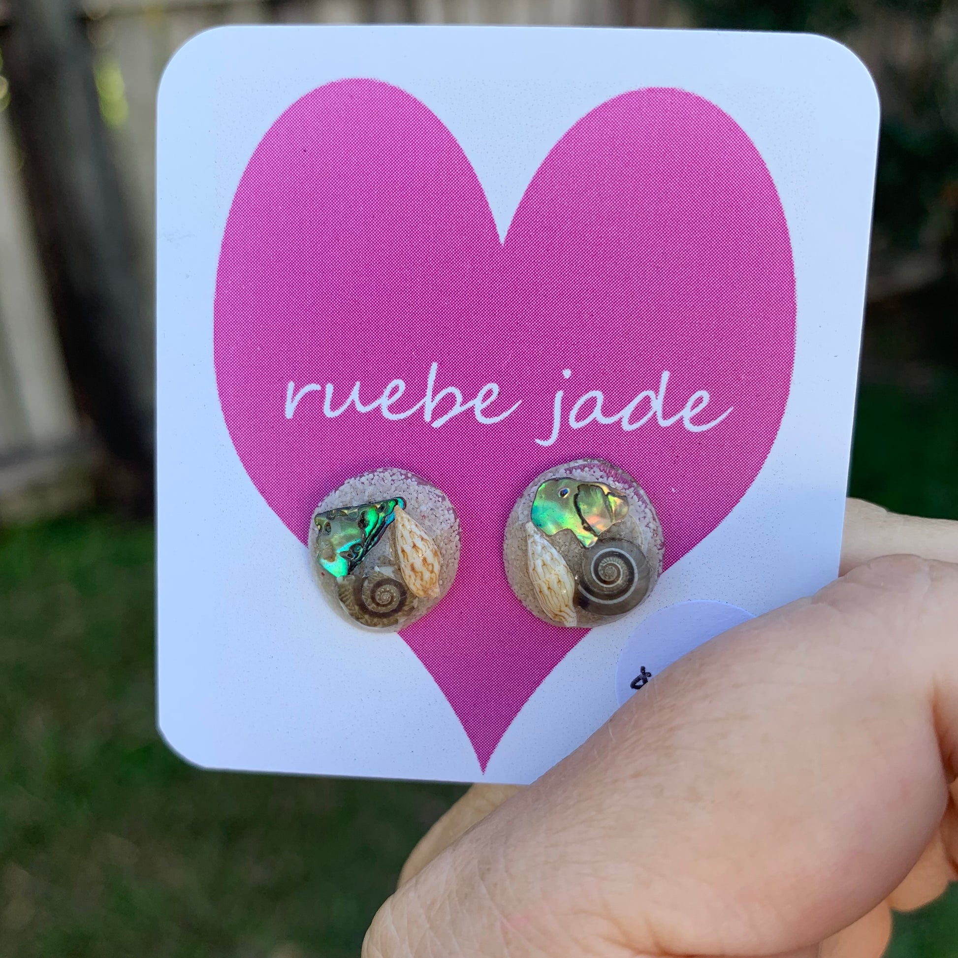 Memaid style ocean stud earrings with real sea shells and paua shell. 