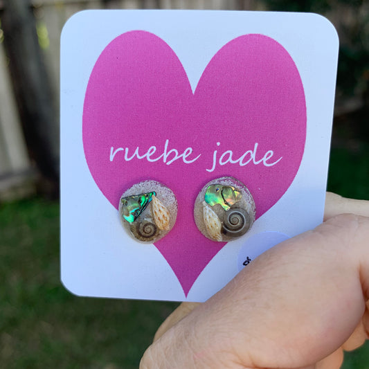 Memaid style ocean stud earrings with real sea shells and paua shell. 