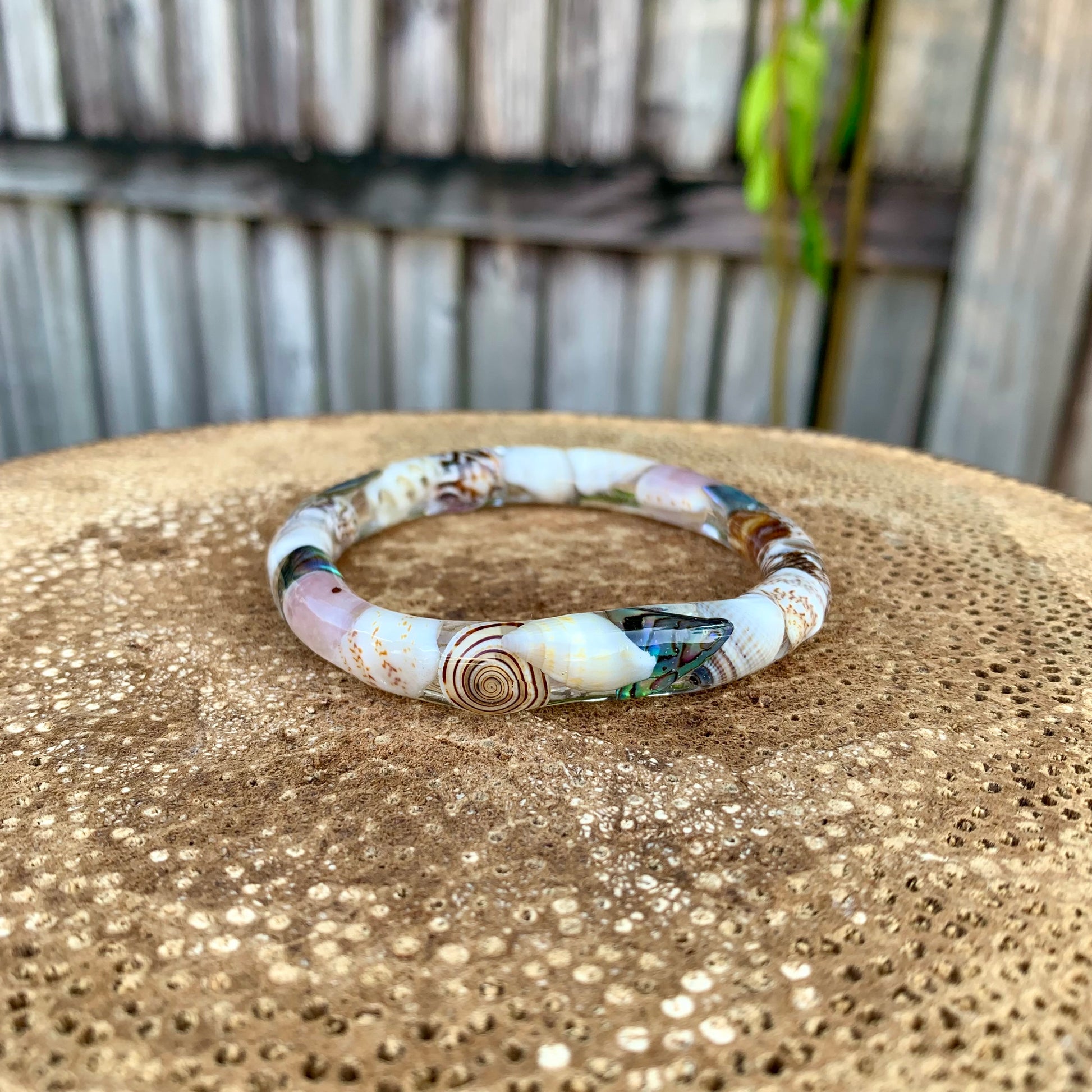 Seashell and paua shell resin bangle. Mermaid inspired. 